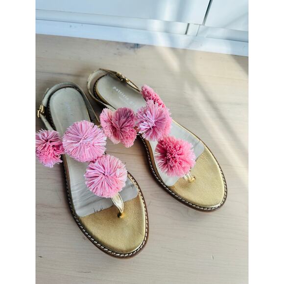 Patricia Green Rafia Pom Pom Sandals Gold Pink Size 10  Summer Vibes vacation - Picture 2 of 10